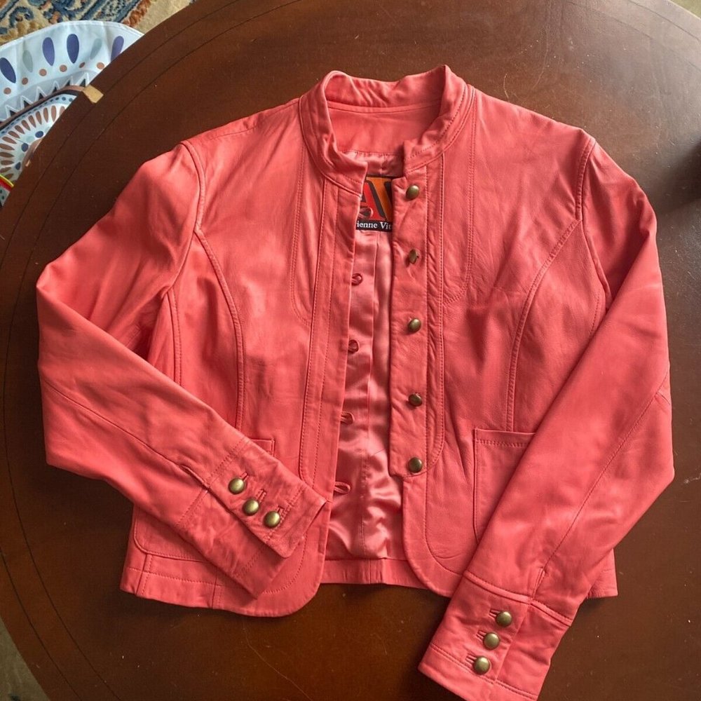 Adrienne Vittadini, pink 100% Genuine leather bomber jacket, Size small